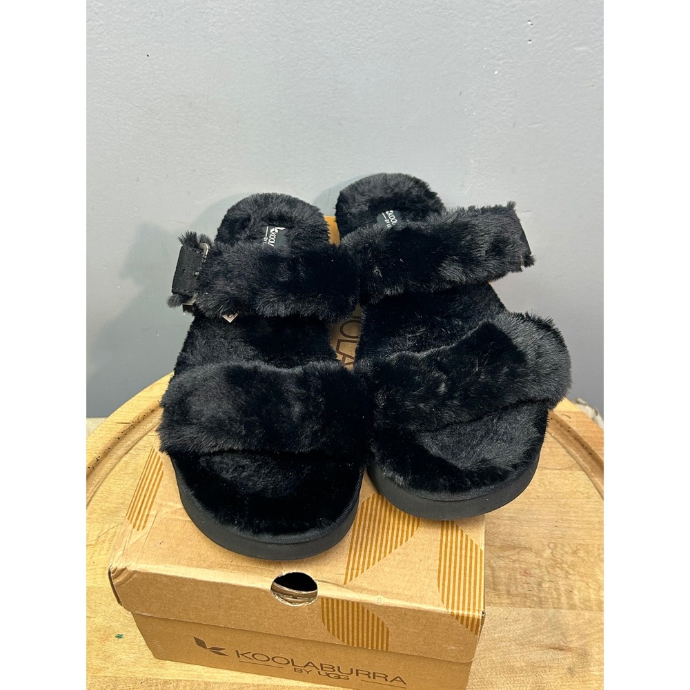 Koolaburra by UGG Slide Sandals Womens 11 Black Furr-Ah Faux Fur Platform House
